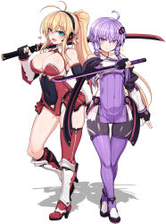 Rule 34 | 2girls, :d, absurdres, adapted costume, ahoge, antenna hair, armor, black gloves, blonde hair, blush, boots, breasts, cleavage cutout, clothing cutout, contrapposto, covered navel, criss-cross halter, crossed ankles, detached sleeves, dress, elbow gloves, fingerless gloves, flat chest, full body, gloves, gluteal fold, halterneck, hand up, headphones, heart, high heel boots, high heels, highres, katana, knee boots, large breasts, leotard, long hair, looking at viewer, multiple girls, ninja, ninjatou, null (nyanpyoun), open mouth, over shoulder, pantyhose, ponytail, purple eyes, purple hair, purple legwear, short dress, short hair with long locks, short sword, sidelocks, simple background, single knee boot, single thigh boot, smile, standing, standing on one leg, sword, thigh boots, thighhighs, thighs, tsurumaki maki, vambraces, vocaloid, voiceroid, weapon, weapon over shoulder, white background, yuzuki yukari