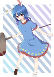 Rule 34 | 1girl, animal ears, bad id, bad pixiv id, blood, blood stain, bloody weapon, blouse, blue hair, crescent, crescent moon, gradient hair, kine, looking at viewer, mallet, moon, moon print, multicolored hair, open mouth, rabbit ears, rabbit tail, red eyes, seiran (touhou), shirt, shoes, short hair, skirt, skirt set, socks, solo, star (symbol), star print, striped, striped background, tail, touhou, weapon, xialuluo (sharuro)