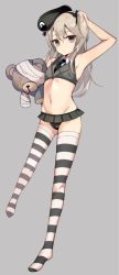 Rule 34 | 10s, 1girl, adapted uniform, arm up, armpits, bad id, bad pixiv id, beret, bikini, boko (girls und panzer), emblem, girls und panzer, grey eyes, hat, long hair, looking at viewer, navel, necktie, selection university military uniform, shimada arisu, silver hair, simple background, solo, striped clothes, striped thighhighs, stuffed animal, stuffed toy, swimsuit, teddy bear, tetsubuta, thighhighs, twintails