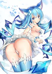 Rule 34 | 1girl, :o, alternate color, animal ears, arched back, armlet, ass, bare shoulders, bikini, bikini top only, blue eyes, blue hair, blue thighhighs, blush, bracelet, breasts, cameltoe, commentary request, creatures (company), from behind, game freak, gen 4 pokemon, glaceon, hair between eyes, jewelry, legs together, long hair, looking at viewer, looking back, medium breasts, nintendo, panties, personification, pokemon, pokemon go, sakaraubito, skindentation, skirt, solo, swimsuit, tail, thighhighs, thighs, underwear, white bikini, white panties, white skirt