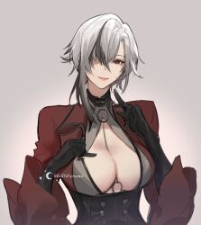 Rule 34 | 1girl, arlecchino (genshin impact), black gloves, black hair, breasts, cleavage, commentary, genshin impact, gloves, grey background, highres, jacket, long sleeves, looking at viewer, nevercrymoon, parted lips, red jacket, smile, solo, upper body, white hair