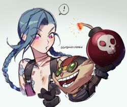 Rule 34 | !, 1boy, 1girl, artist name, asymmetrical bangs, black gloves, black headwear, body fur, bomb, brown fur, cloud tattoo, collarbone, cropped torso, explosive, flat chest, gloves, goggles, green hair, highres, holding, holding bomb, jinx (league of legends), league of legends, long hair, long sleeves, pink eyes, red headwear, shoulder tattoo, simple background, speech bubble, spoken exclamation mark, tattoo, teeth, upper body, white background, wosashimi, yordle, ziggs