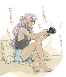 Rule 34 | 00s, 1girl, barefoot, blush, breasts, controller, ear wiggle, elf, elvaan, feet, final fantasy, final fantasy xi, game controller, grin, happy, lingerie, long hair, nipple slip, nipples, playing games, pointy ears, prishe, purple hair, shorts, sideboob, sitting, smile, solo, sweat, tank top, underwear, video game