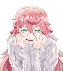 Rule 34 | 1girl, ahoge, alternate costume, genshin impact, glasses, green eyes, grey sweater, hair between eyes, hair ornament, hands on own face, hands up, highres, long hair, long sleeves, looking at viewer, no headwear, open mouth, pink hair, reki (user rcrd4534), simple background, smile, solo, sweater, symbol-shaped pupils, teeth, tongue, upper body, white background, yanfei (genshin impact)