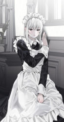 Rule 34 | 1girl, absurdres, against wall, apron, black dress, black eyes, collared dress, curtains, dress, empty eyes, frilled apron, frills, hand on wall, hand up, highres, indoors, juliet sleeves, long hair, long sleeves, looking at viewer, lvl229, maid, maid apron, maid headdress, original, parted lips, plant, potted plant, puffy sleeves, silver hair, sitting, solo, tears, wall, wet, white apron, window