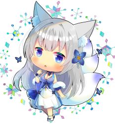 Rule 34 | 1girl, :o, animal ears, azur lane, bare shoulders, blue dress, blue eyes, blue flower, breasts, chibi, cleavage, commentary request, commission, copyright request, dress, flower, fox ears, fox girl, fox tail, full body, grey hair, hair flower, hair ornament, hand up, kitsune, kou hiyoyo, large breasts, looking at viewer, parted lips, shinano (azur lane), shinano (dreams of the hazy moon) (azur lane), shoes, simple background, skeb commission, sleeveless, sleeveless dress, solo, standing, tail, white background, white dress, white footwear