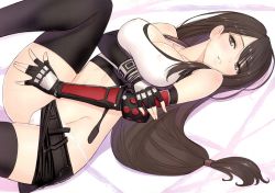 Rule 34 | 1girl, absurdres, bare shoulders, bed sheet, black hair, blush, breasts, cleavage, collarbone, covered erect nipples, elbow pads, final fantasy, final fantasy vii, fingerless gloves, gloves, highres, large breasts, long hair, looking at viewer, lying, midriff, miniskirt, on back, panties, scan, shiny skin, simple background, skirt, solo, tank top, thighhighs, tifa lockhart, tony taka, underwear, white tank top