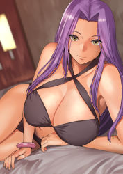 Rule 34 | 1girl, alternate eye color, bare shoulders, bed, bikini, black bikini, bracelet, breasts, cleavage, closed mouth, commentary request, criss-cross halter, fate/stay night, fate (series), halterneck, indoors, jewelry, kokuriu, large breasts, long hair, looking at viewer, lying, medusa (fate), medusa (rider) (fate), official alternate costume, on side, parted bangs, purple hair, sidelocks, smile, solo, swimsuit, thighs, yellow eyes