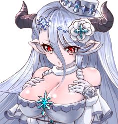 Rule 34 | 10s, 1girl, :o, breast suppress, breasts, cleavage, draph, dress, eyebrows, eyes visible through hair, flower, fur collar, granblue fantasy, hair between eyes, hair flower, hair ornament, halterneck, hat, highres, horns, izmir, large breasts, long hair, mini hat, mole, mole under mouth, open mouth, pointy ears, red eyes, rose, silver hair, snowflakes, solo, touda iria, underboob, white dress, white flower, white hat, white rose