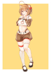 Rule 34 | 1girl, :3, absurdres, ahoge, animal ears, asymmetrical legwear, bare shoulders, black footwear, breasts, brown eyes, brown hair, brown shorts, cleavage, cleavage cutout, clothing cutout, crop top, detached sleeves, full body, hair ornament, hairclip, hamster ears, hands up, highleg, highres, keima ron, long sleeves, looking at viewer, mary janes, medium breasts, midriff, navel, original, shirt, shoes, short hair, short shorts, shorts, smile, socks, solo, stomach, thigh strap, thighhighs, uneven legwear, white shirt, white socks
