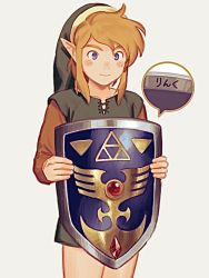 Rule 34 | 1boy, bishounen, blonde hair, blue eyes, commentary, commentary request, hat, holding, holding shield, link, looking at viewer, male focus, nintendo, pointy ears, shield, simple background, smile, solo, the legend of zelda, translated, triforce, yone f15