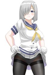 Rule 34 | 1girl, 30-06, black pantyhose, blue eyes, breasts, clothes lift, gloves, hair ornament, hair over one eye, hairclip, hamakaze (kancolle), highres, kantai collection, large breasts, lifting own clothes, looking at viewer, neckerchief, panties, panties under pantyhose, pantyhose, pleated skirt, sailor collar, school uniform, serafuku, short hair, short sleeves, silver hair, skirt, skirt lift, solo, thighband pantyhose, underwear, white gloves, white panties, yellow neckerchief