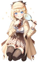 Rule 34 | 1girl, absurdres, bad id, bad pixiv id, blonde hair, blue eyes, blush, breasts, brown hair, brown hat, brown skirt, brown thighhighs, coat, collared shirt, commentary request, full body, grin, harusame (user wawj5773), hat, high-waist skirt, highres, holding, holding magnifying glass, hololive, hololive english, huge filesize, looking at viewer, magnifying glass, medium breasts, medium hair, necktie, plaid, plaid skirt, pleated skirt, red necktie, shirt, shoes, skirt, smile, solo, squatting, thigh strap, thighhighs, trench coat, virtual youtuber, watson amelia, white shirt