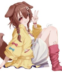 Rule 34 | 1girl, absurdres, animal ears, bad id, bad pixiv id, braid, brown hair, dog ears, dog girl, dog tail, dress, from side, grin, hair between eyes, hand up, highres, hololive, inugami korone, inugami korone (1st costume), jacket, kneehighs, listener (inugami korone), long hair, long sleeves, looking at viewer, looking to the side, no shoes, open clothes, open jacket, red eyes, red socks, signature, sitting, smile, socks, solo, tail, twin braids, v, virtual youtuber, white dress, yellow jacket, yo na