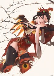 Rule 34 | 1girl, alternate eye color, alternate hair color, alternate hairstyle, artist name, branch, brown hair, brown thighhighs, cherry blossoms, cowboy shot, dated, earrings, facial mark, forehead mark, green eyes, hair ornament, head rest, headdress, highres, jewelry, jn3, looking at viewer, mechanical wings, mercy (overwatch), nose, official alternate costume, overwatch, overwatch 1, pelvic curtain, pink lips, signature, simple background, solo, stud earrings, thighhighs, white background, wide sleeves, wings, yellow wings, zhuque mercy