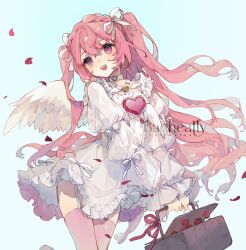 Rule 34 | 1girl, :d, ^ ^, angel wings, bacheally, basket, blue background, blush, bow, braid, choker, closed eyes, collar, commission, cowboy shot, dress, dress bow, facing ahead, feathered wings, food, frilled dress, frills, fruit, garter straps, gem, hair between eyes, hair ribbon, halterneck, heart, heart-shaped gem, highres, holding, holding basket, jewelry, leg up, long hair, long sleeves, multicolored eyes, open mouth, original, petals, pink eyes, pink hair, pink thighhighs, puffy long sleeves, puffy sleeves, purple eyes, ribbon, simple background, smile, solo, standing, standing on one leg, strawberry, teeth, thighhighs, twintails, two side up, upper teeth only, very long hair, white collar, white dress, white ribbon, white wings, wings
