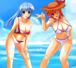 Rule 34 | 2girls, bikini, breasts, cleavage, day, hand on own hip, hat, large breasts, long hair, looking at viewer, mizuno kakeru, multiple girls, navel, one eye closed, open mouth, original, outdoors, straw hat, swimsuit