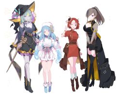 Rule 34 | 4girls, alternate costume, bare shoulders, blue hair, breasts, brown hair, claw pose, cleavage, doll joints, double bun, dress, duel monster, full body, gloves, grey eyes, grey hair, hair bun, hands up, hat, highres, joints, large breasts, long sleeves, medium breasts, multiple girls, one eye closed, open mouth, pink eyes, ponytail, purple eyes, purple hair, red hair, rilliona (yu-gi-oh!), sakuragi raia, see-through, see-through sleeves, short sleeves, single bare shoulder, thighhighs, witch hat, witchcrafter golem aruru, witchcrafter haine, witchcrafter madame verre, witchcrafter schmietta, yu-gi-oh!