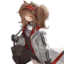 Rule 34 | 1girl, absurdres, angelina (arknights), animal ears, arknights, bag, black bag, black collar, black gloves, brown hair, closed mouth, coat, collar, duffel bag, earpiece, fox ears, fox girl, gloves, hairband, hashtag-only commentary, highres, holding, holding staff, infection monitor (arknights), jacket, long hair, long sleeves, looking at viewer, material growth, open clothes, open coat, oripathy lesion (arknights), red eyes, red hairband, roupo99, shirt, shorts, simple background, sky, smile, solo, staff, striped clothes, striped hairband, twintails, two-tone hairband, white background, white coat