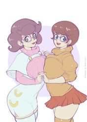 Rule 34 | 10s, 2girls, artist name, bad id, bad twitter id, blue eyes, blunt bangs, bokuman, breast press, breasts, brown hair, cowboy shot, creatures (company), crossover, dress, female focus, flat color, freckles, game freak, glasses, green eyes, happy, holding hands, interlocked fingers, large breasts, looking at viewer, looking to the side, miniskirt, multiple girls, nintendo, orange skirt, pink-framed eyewear, pleated skirt, pokemon, pokemon sm, purple background, red skirt, ribbed sweater, scooby-doo, short dress, short hair, simple background, skindentation, skirt, smile, standing, sweater, symmetrical docking, thighhighs, thighs, trait connection, turtleneck, turtleneck sweater, velma dace dinkley, white background, white dress, wicke (pokemon), yellow legwear, yellow sweater, zettai ryouiki