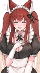 Rule 34 | 1girl, :d, ^ ^, alternate costume, animal ears, anthuria, ascot, black ascot, breasts, cleavage, cleavage cutout, closed eyes, clothing cutout, collarbone, enmaided, erune, gloves, granblue fantasy, hand on own chest, highres, koretsuki azuma, long hair, maid, maid headdress, medium breasts, open mouth, puffy short sleeves, puffy sleeves, red hair, short sleeves, smile, solo, white gloves