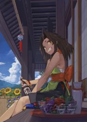 Rule 34 | 1girl, animal ears, architecture, bare shoulders, bell, bottle, bowl, bracelet, cloud, dark-skinned female, dark skin, day, east asian architecture, foreshortening, from side, glass, grin, highres, japanese clothes, jewelry, jingle bell, looking to the side, mountain, obi, original, rooftop, sarashi, sash, shouji, sitting, sky, sliding doors, smile, solo, teeth, toro (konirio), traditional clothes, tray, yellow eyes