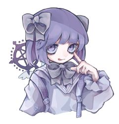 Rule 34 | 1girl, backpack, bag, bow, bowtie, cropped torso, finger to eye, grey background, grey bow, grey bowtie, hair bow, hand on own face, hand up, highres, long sleeves, looking at viewer, original, short hair, simple background, smile, solo, tira 27, tongue, tongue out, wings
