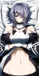 Rule 34 | 1girl, arknights, arms under breasts, bed sheet, black dress, breasts, buttons, cleavage, closed mouth, cowboy shot, crossed arms, detached sleeves, double-breasted, dress, expressionless, eyepatch, from above, gin moku, gloves, grey hair, groin, hair between eyes, hair intakes, hair ornament, hair over one eye, hat, highres, large breasts, looking at viewer, lying, medical eyepatch, navel, nurse cap, on back, one eye covered, open clothes, open dress, pillow, purple eyes, short hair, solo, stomach, two-tone dress, whisperain (arknights), white dress, white gloves, white hat, wide hips, x hair ornament