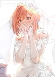 1boy 1girl absurdres arisugawa_natsuha blush breasts bridal_gauntlets bridal_veil commentary_request commission covering_own_mouth dress flower_ornament gloves highres idolmaster idolmaster_shiny_colors kevn looking_at_object medium_breasts nail_polish request_inset teardrop tears translation_request veil wedding wedding_dress white_dress white_gloves