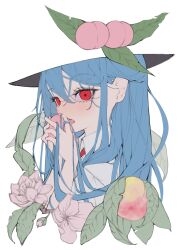 Rule 34 | 1girl, bad arm, blending, blue hair, blush, collared shirt, eating, eyes visible through hair, flat color, flower, food, fruit, hair between eyes, hands up, hat, highres, hinanawi tenshi, holding, holding food, holding fruit, leaf, long hair, long sleeves, looking at viewer, open mouth, parted lips, peach, portrait, red eyes, ribbon, shirt, short sleeves, simple background, solo, teeth, tongue, touhou, tsune (tune), upper body, white background, white shirt