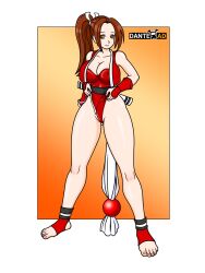 Rule 34 | 1girl, belt, breasts, brown eyes, brown hair, cleavage, fatal fury, feet, gloves, loincloth, loincloth lift, nipples visible through shirt, ponytail, shiranui mai, smile, snk, the king of fighters, thong, underwear, vest, wolfdog19862010