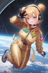 Rule 34 | 1girl, absurdres, astronaut, black gloves, blonde hair, blue eyes, blush, breasts, double bun, earth (planet), gloves, hair bun, headset, highres, hololive, hololive english, kanata cream, large breasts, looking at viewer, official alternate costume, official alternate hairstyle, planet, short hair, smile, solo, space, spacesuit, virtual youtuber, watson amelia, watson amelia (astronaut)