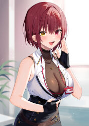 Rule 34 | 1girl, bare arms, bare shoulders, belt, black bra, black gloves, bodystocking, bra, bra strap, breasts, cleavage, collared shirt, fingerless gloves, gloves, hand up, heterochromia, highres, hololive, houshou marine, houshou marine (businesswoman), id card, jewelry, large breasts, looking at viewer, necklace, open mouth, red eyes, red hair, revision, see-through, see-through cleavage, shirt, short hair, sleeveless, sleeveless shirt, smile, solo, underbust, underwear, upper body, virtual youtuber, white shirt, wing collar, yellow eyes, yon (letter)