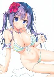 Rule 34 | 1girl, absurdres, arm at side, arm garter, arm support, bare shoulders, bikini, bikini pull, blue eyes, blush, breasts, cleavage, closed mouth, clothes pull, collarbone, dengeki moeou, eyelashes, fingernails, flower, green bikini, groin, hair flower, hair ornament, hairclip, halterneck, head tilt, hibiscus, highres, jewelry, large breasts, leaning to the side, long fingernails, long hair, looking at viewer, nail polish, navel, necklace, pink nails, pulled by self, purple hair, red flower, ryouka (suzuya), shell, shell necklace, shiny skin, side-tie bikini bottom, simple background, sitting, skindentation, smile, solo, spread legs, stomach, strap gap, strap pull, string bikini, striped bikini, striped clothes, swimsuit, twintails, undressing, untied bikini, white background