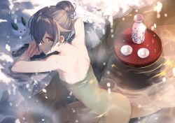 Rule 34 | 1girl, asahikawa hiyori, bath, bathing, bottle, brown eyes, brown hair, character request, commentary request, copyright request, cup, evening, flat chest, floating, floating object, from behind, hair bun, looking at viewer, nude, onsen, outdoors, sakazuki, sake bottle, short hair, shoulder blades, sidelocks, single hair bun, snow, snow rabbit, snowing, solo, steam, tokkuri