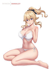 Rule 34 | 1girl, artist name, bare shoulders, barefoot, bikini, blonde hair, blush, bow, breasts, cleavage, collarbone, dakkalot, feet, genshin impact, hair bow, hands on own chest, high ponytail, jean (genshin impact), large breasts, long hair, looking at viewer, navel, open mouth, ponytail, purple eyes, sidelocks, simple background, sitting, solo, swimsuit, toes, white background, white bikini