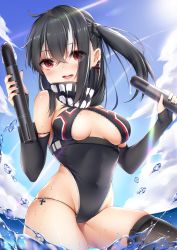 Rule 34 | 1girl, absurdres, azur lane, bare shoulders, black gloves, black hair, black nails, black one-piece swimsuit, black panties, black thighhighs, blush, breasts, breasts apart, bridal gauntlets, covered navel, cross, day, earrings, elbow gloves, eyes visible through hair, gloves, groin, hair between eyes, highres, holding, holding torpedo, iron cross, jewelry, lips, long hair, looking at viewer, medium breasts, multicolored hair, nail polish, one-piece swimsuit, one side up, open mouth, outdoors, panties, red eyes, sexually suggestive, sidelocks, smile, solo, streaked hair, swimsuit, taitai, thighhighs, torpedo, u-47 (azur lane), underwear, white hair