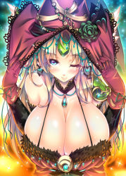 Rule 34 | 144 (riesztan), 1girl, ;), alternate breast size, bare shoulders, blonde hair, blue eyes, blush, breasts, choker, cleavage, closed mouth, collarbone, detached sleeves, earrings, flower, forehead jewel, fur trim, gloves, hat, hat flower, hat ornament, heart, heart earrings, huge breasts, jewelry, long hair, looking at viewer, one eye closed, parted bangs, pendant, print sleeves, red gloves, riesz, seiken densetsu, seiken densetsu 3, smile, solo, star (symbol), star print, upper body, witch hat