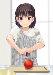 Rule 34 | 1girl, apron, black hair, blurry, blurry background, brown eyes, closed mouth, cutting board, depth of field, holding, holding knife, indoors, knife, mattaku mousuke, original, plaid, plaid apron, shirt, short sleeves, solo, sweat, tomato, trembling, upper body, v-shaped eyebrows, wavy mouth, white shirt, window