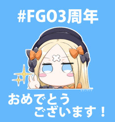 Rule 34 | 1girl, abigail williams (fate), black bow, black hat, blonde hair, blue background, blue eyes, blush stickers, bow, chibi, crossed bandaids, fate/grand order, fate (series), hair bow, hat, highres, long hair, looking at viewer, neon-tetora, orange bow, parted bangs, polka dot, polka dot bow, solo, sparkle, text background, translation request, v