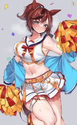 Rule 34 | 1girl, absurdres, animal ears, armpits, belt, blouse, blue jacket, blush, breasts, cheerleader, closed mouth, collarbone, commentary request, confetti, crop top, grey background, grey eyes, hair between eyes, highres, holding, holding pom poms, horse ears, horse girl, horse tail, jacket, kshimu, large breasts, looking at viewer, navel, nice nature (run&amp;win) (umamusume), nice nature (umamusume), pom pom (cheerleading), pom poms, ponytail, shirt, sidelocks, simple background, skirt, solo, standing, tail, thigh strap, thighhighs, umamusume, white shirt, white skirt