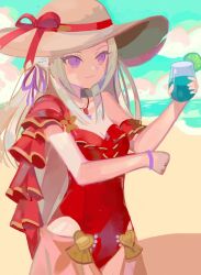 Rule 34 | 1girl, beach, breasts, cleavage, edelgard von hresvelg, edelgard von hresvelg (summer), fire emblem, fire emblem: three houses, fire emblem heroes, hat, highres, jewelry, light smile, medium breasts, necklace, nintendo, official alternate costume, one-piece swimsuit, purple eyes, red one-piece swimsuit, ruuu ran ran, smile, solo, sun hat, swimsuit, white hair