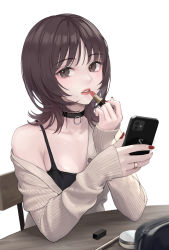 Rule 34 | 1girl, bare shoulders, black choker, brown eyes, brown hair, camisole, cardigan, cellphone, choker, commentary request, cosmetics, hands up, highres, holding, holding lipstick tube, holding phone, lipstick tube, looking at viewer, nail polish, off shoulder, original, parted lips, phone, red lips, lipstick tube, red nails, short hair, simple background, smartphone, solo, spaghetti strap, sugai (4ugaii), upper body, white background