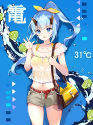 Rule 34 | 1girl, alternate costume, azur lane, bad id, bad pixiv id, bare shoulders, belt, blue background, blue eyes, blue hair, blush, bow, breasts, casual, character name, collarbone, day, earrings, food, fruit, hair between eyes, hair ornament, hair ribbon, highres, horns, inazuma (azur lane), itohime, jewelry, lemon, lemon slice, long hair, looking at viewer, medium breasts, midriff, navel, off-shoulder shirt, off shoulder, open mouth, ribbon, shirt, short sleeves, shorts, smile, solo, standing, temperature, water, weather, yellow bow, yellow shirt