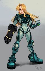 Rule 34 | 1girl, alex ahad, arm cannon, armor, blonde hair, clenched hand, full body, grey background, hair down, hair over one eye, highres, looking at viewer, metroid, metroid dread, narrow waist, nintendo, power armor, samus aran, solo, standing, weapon