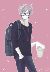 Rule 34 | 1boy, backpack, bad id, bad pixiv id, bag, bakuten!!, black-framed eyewear, black shirt, closed eyes, cup, denim, disposable cup, facing viewer, glasses, hand in pocket, highres, jeans, jewelry, kazuki sara, male focus, mutsu youjirou, necklace, pants, pink background, purple hair, shirt, smile, solo, standing