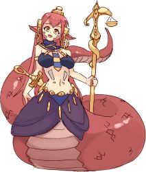 Rule 34 | 1girl, :d, anubis (monster girl encyclopedia), anubis (monster girl encyclopedia) (cosplay), bad link, balance scale, cosplay, egyptian, egyptian clothes, full body, gold, jewelry, lamia, long hair, looking at viewer, miia (monster musume), monster girl, monster girl encyclopedia, monster musume no iru nichijou, navel, necktie, open mouth, pointy ears, red hair, rtil, scales, sheath, simple background, slit pupils, smile, solo, staff, stomach, stomach tattoo, sword, tattoo, very long hair, weapon, weighing scale, white background, yellow eyes