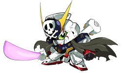 Rule 34 | beam saber, chibi, clenched hands, cloak, crossbone gundam, crossbone gundam x-1, green eyes, gundam, highres, holding, holding sword, holding weapon, looking at viewer, mecha, no humans, pillar buster, robot, science fiction, skull and crossbones, solo, sword, v-fin, weapon