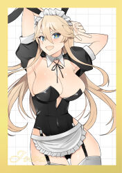 Rule 34 | 1girl, absurdres, alternate costume, animal ears, apron, black leotard, blonde hair, blue eyes, bow, bowtie, breasts, collarbone, covered navel, cowboy shot, detached collar, enmaided, fake animal ears, frilled apron, frills, highres, iowa (kancolle), kantai collection, large breasts, leotard, long hair, looking at viewer, maid, maid headdress, open mouth, playboy bunny, puffy sleeves, rabbit ears, simple background, solo, star (symbol), star print, strapless, strapless leotard, thighhighs, toriniku senshi chikinman, traditional bowtie, waist apron, white apron, white background, wrist cuffs