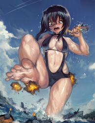 Rule 34 | 1girl, barefoot, battleship, black-framed eyewear, black choker, black eyes, black hair, black slingshot swimsuit, blue sky, bob cut, breasts, choker, cloud, cloudy sky, commentary, contrail, cowboy shot, day, destruction, fang, giant, giantess, girls und panzer, kawashima momo, leg up, medium breasts, military vehicle, monocle, navel, ocean, outdoors, semi-rimless eyewear, ship, short hair, sky, slingshot swimsuit, soles, solo, standing, standing on one leg, tearing up, toes, under-rim eyewear, wading, warship, watercraft, wet, yilx